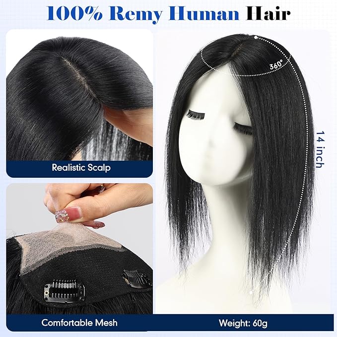HAIRCUBE Hair Toppers For Women With Thinning 5"*5" Large Base Real Hair Toppers For Women, 14 Inch For Hand-Woven, 60g, Silk, Natural, Realistic, Use Daily, Hairloss, Natural Black, No bangs