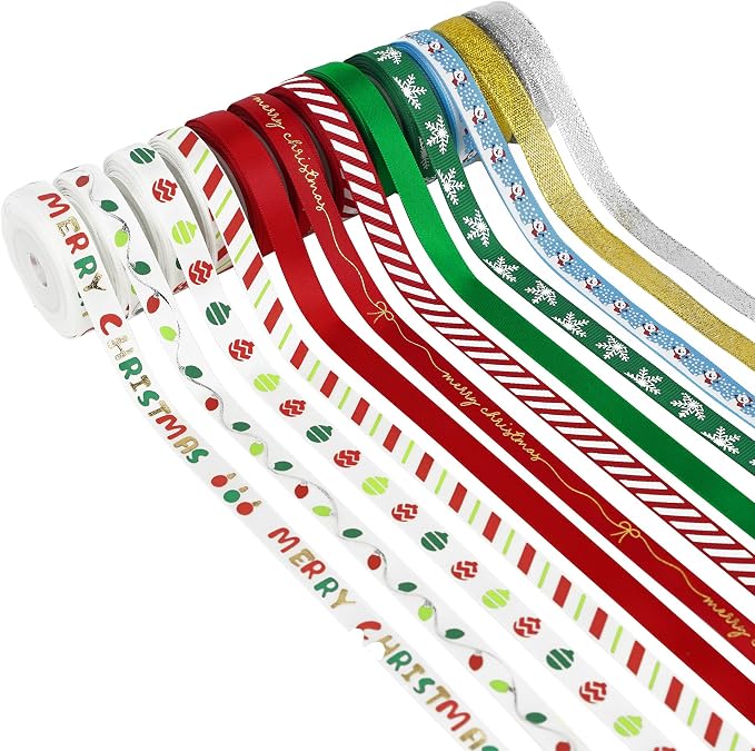 Christmas Ribbon 3/8 inch Thin Holiday Ribbon Set in Red, Xmas Wreath Decor by MEEDEE