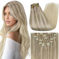 Full Shine Blonde Clip in Hair Extensions Real Hair Extensions Clip in Human Hair Nordic Balayage 18 Ash Blonde Fading to 22 and 60 Double Weft Straight Hair 7 Pcs 16 Inch 120 G