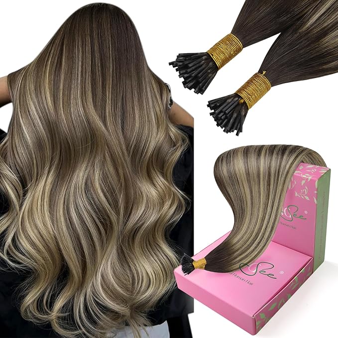 YoungSee I Tips Hair Extensions Balayage Human Hair I Tip Extensions Dark Brown with Ash Blonde Ombre Itip Hair Extensions 24 Inch I-Tip Extension Real Human Hair for Long Hair 50s 50g