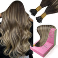 YoungSee I Tips Hair Extensions Real Human Hair Balayage Itip Hair Extensions Human Hair Brown Ombre Dark Brown with Ash Blonde I Tip Extension 20In I-Tip Human Hair Extension 50g 50s