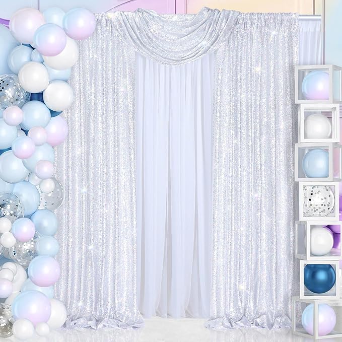 Laser Silver Sequin Backdrop Curtains 4 Pcs 2ftx8ft Glitter Fabric | Sparkly - Image 2