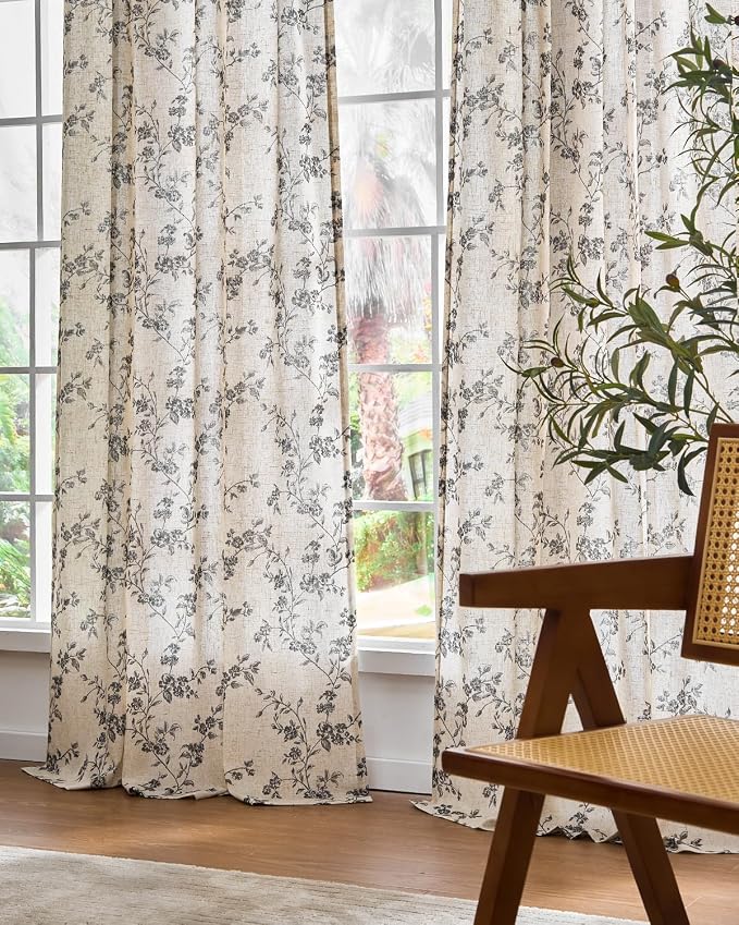 Extra Long Black Vintage Floral Linen Curtains Farmhouse 2 Panels | Elisa Series - Image 8