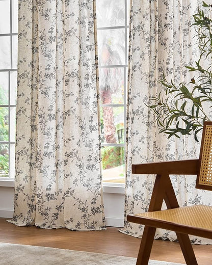 Black Vintage Floral Linen Curtains Farmhouse 38W X 84L 2 Panels | Elisa Series - Image 7