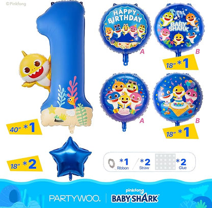 PartyWoo Baby Shark Blue Foil Round Star Mylar Number 1 Balloons 5pcs | Balloons - Image 3