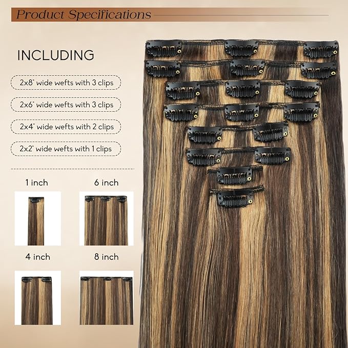 Clip in Hair Extensions Real Human Hair 16inch 8pcs 90g Seamless Balayage Dark Brown Hair Extensions Clip Ins Double Weft Dark Brown Highlight Chestnut Brown Invisible Straight Remy Human Hair