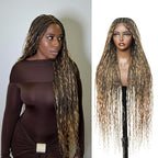 Human Hair Boho Curls Hand-Tied HD Full Lace Wig - 36" Salon-Level Small Box Synthetic Braids (100 Braids, High Density) Pre-Cut Swiss HD Lace, Pre-Plucked, Tangle-Free - 1B/27 Honey Blond
