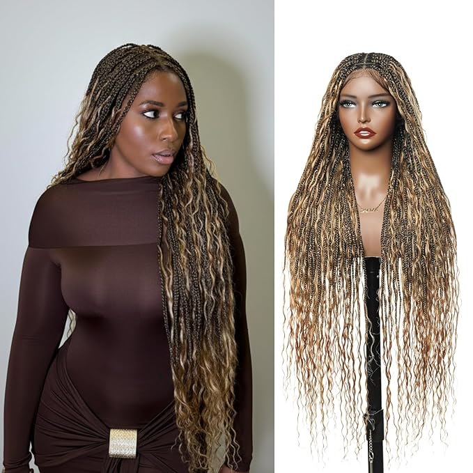 Human Hair Boho Curls Hand-Tied HD Full Lace Wig - 36" Salon-Level Small Box Synthetic Braids (100 Braids, High Density) Pre-Cut Swiss HD Lace, Pre-Plucked, Tangle-Free - 1B/27 Honey Blond