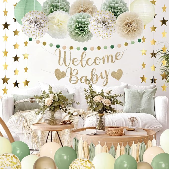 Amandir Sage Green Baby Shower Decorations Welcome Baby Banner | Green Balloons - Image 7