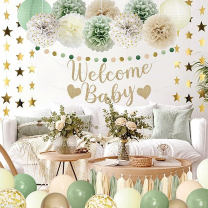 Amandir Sage Green Baby Shower Decorations Welcome Baby Banner | Green Balloons - Image 7