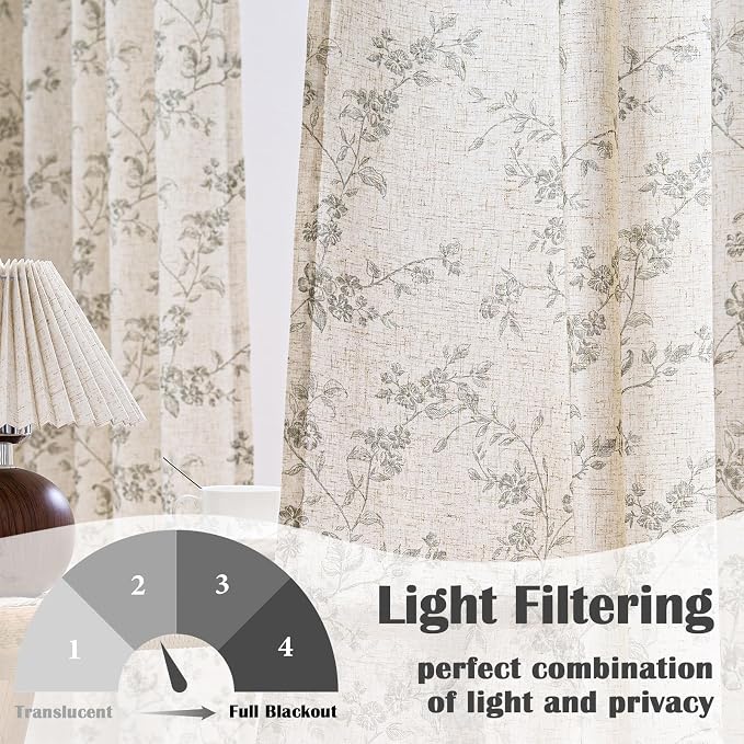 Grey Vintage Floral Linen Curtains Farmhouse 38W X 96L 2 Panels | Elisa Series - Image 2