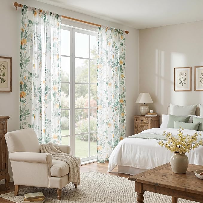 MYSKY HOME Green Floral Sheer Curtains 72 Inches Long 2 Panels - Image 9