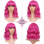 FAELBATY Short Curly Wavy Hot Pink Wigs with Air Bangs Shoulder Length Wig for Women Synthetic Halloween Cosplay Costume for Girl (12" Hot Pink)
