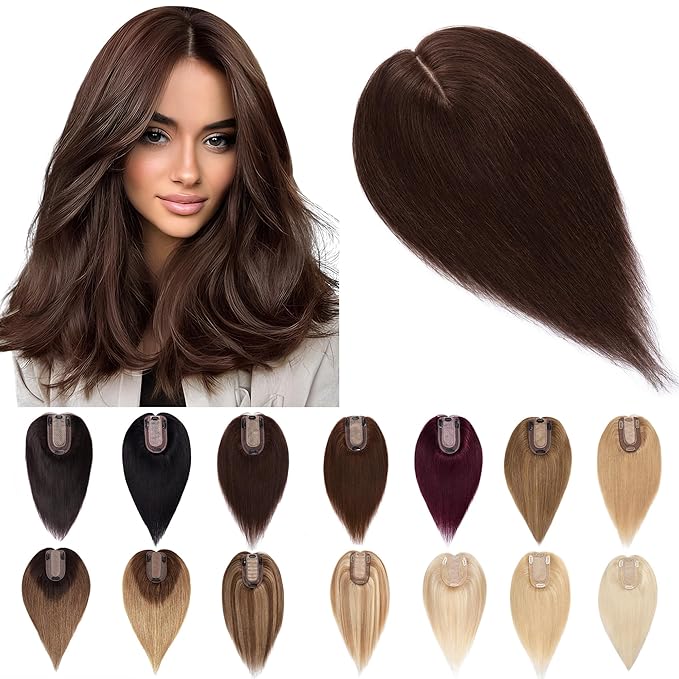 SEGO Human Hair Toppers for Women With Thinning Hair, 7 * 13CM Silk Base 100% Real Human Hair Clip in Top Wiglet Hairpieces -14 Inch No Bangs Dark Brown
