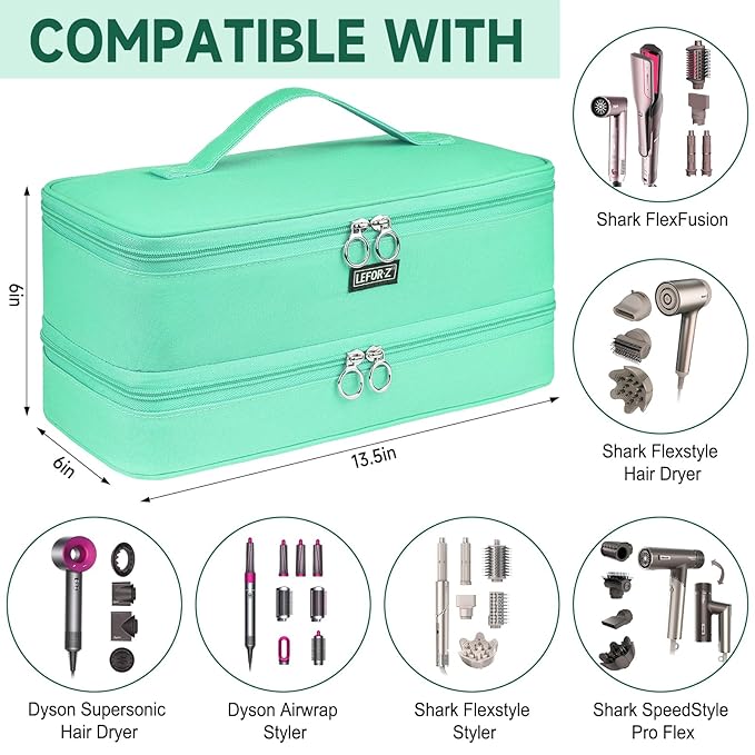 Travel Carrying Case Compatible with Shark Flexstyle/FlexFusion/Hair Dryer,Double-Layer Hair Hot Tools Storage Bag Fits for Dyson Airwrap Styler/Supersonic Hair Dryer and Attachments,Mint Green