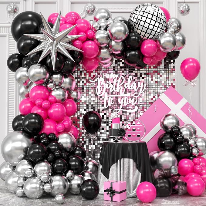 Disco Balloon Arch Kit, Hot Pink Black Balloons Garland Arch Kit, Star Foil and by Saxuxu