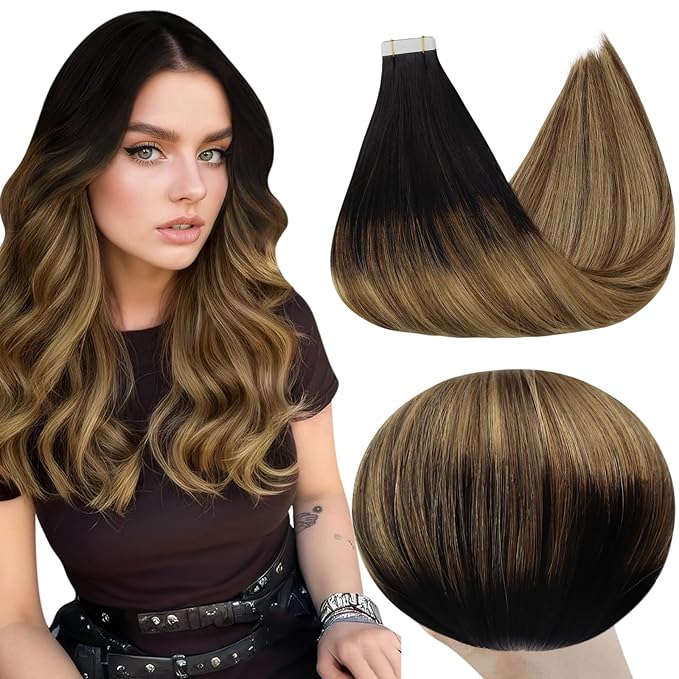 Full Shine Seamless Tape in Hair Extensions Human Hair Skin Weft Tape in Human Hair Extensions Black 1B Fading to 6 and 27 Blonde Invisible Tape in Hair Extensions 22 Inch Tape Extensions 20 Pcs 50G