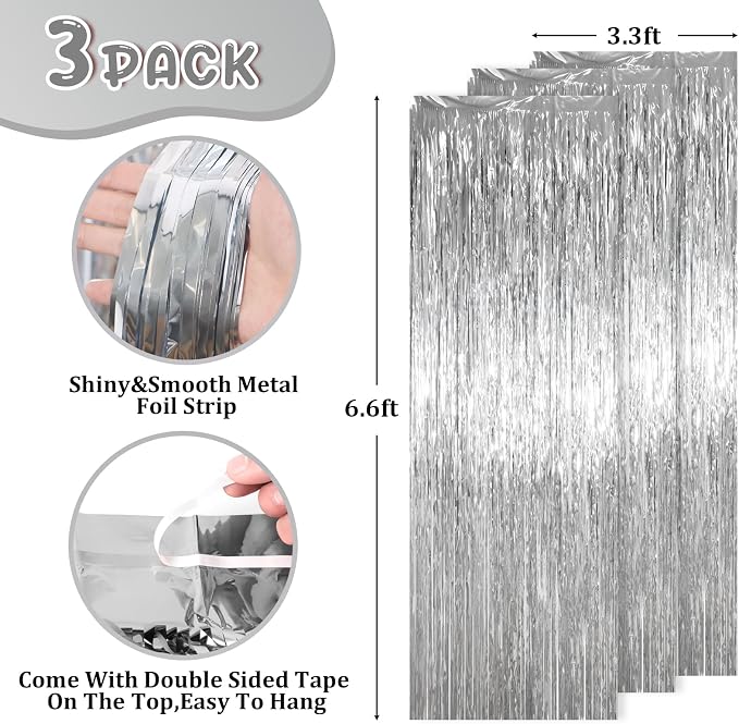 Voircoloria Silver Foil Fringe Backdrop Curtains, Birthday Party Decorations - Image 3