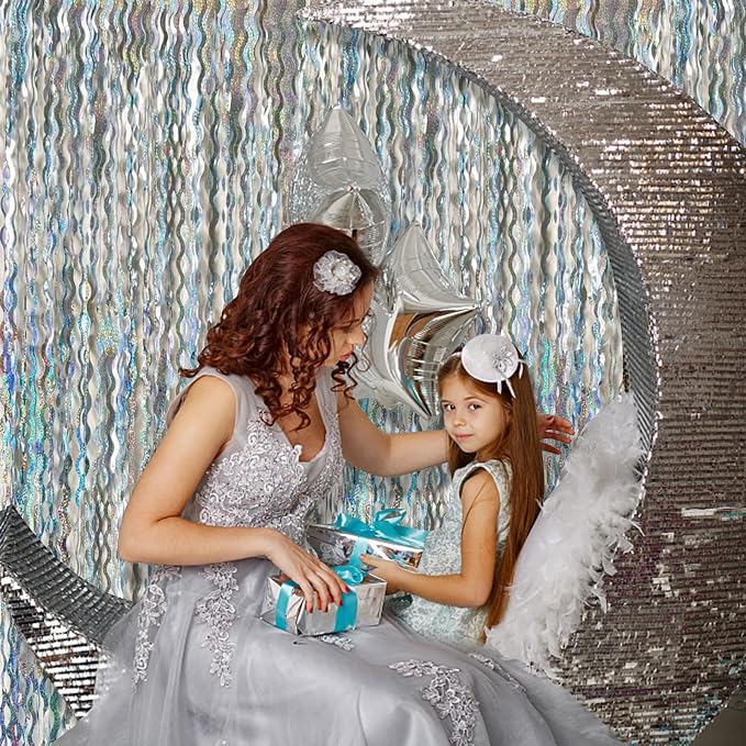 2 Pack Silver Backdrop Curtain Tinsel Streamers Sparkle Metallic Wavy Foil - Image 3