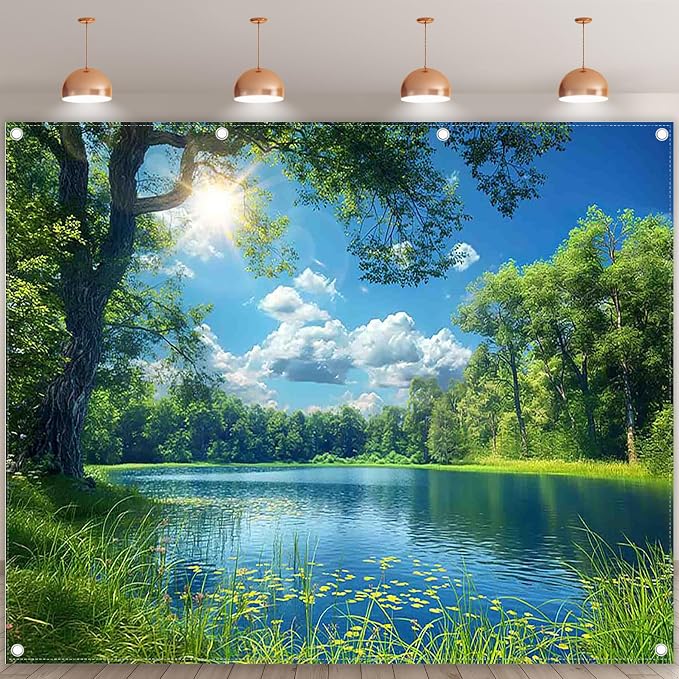 Fabric 10x8ft Lake Natural Scenery Backdrop River Camp Banner | Mountain Forest - Image 2