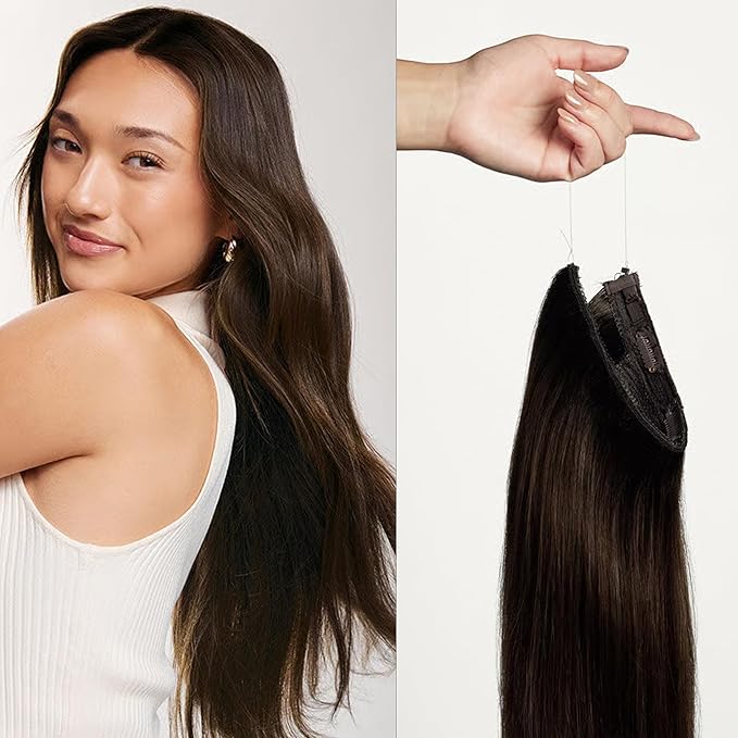 Luxy 100% Remy Human Hair – Halo Clip-In Hair Extensions –Natural Looking Volume & Length - One-Piece - Easy 5-Min Application 150 grams 12" Dimensional Rooted Espresso Brown