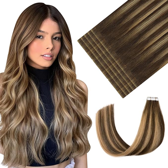 Youngsmile Invisible Tape in Hair Extensions Human Hair #4/27/4 Chocolate Brown to Caramel Blonde 20pcs 45g 20 Inch Balayage Injection Tape in Hair Extensions Human Hair (#4/27/4,20'')