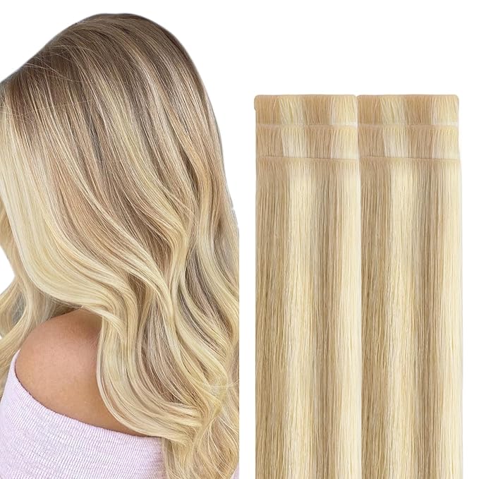 GOO GOO Invisi Edge Tape in Hair Extensions Human Hair, 18A/613A Dark Blonde Highlighted Bleach Blonde, 6pcs 24inch 18g, Virgin Remy Hair, Seamless Injected Tape, Natural Look