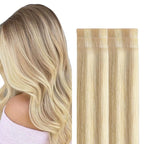 GOO GOO Invisi Edge Tape in Hair Extensions Human Hair, 18A/613A Dark Blonde Highlighted Bleach Blonde, 6pcs 22inch 18g, Virgin Remy Hair, Seamless Injected Tape, Natural Look