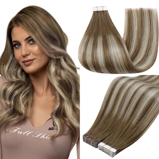 Full Shine Balayage Tape in Hair Extensions Real Human Hair 20 Inch Tape in Extensions Chestnut Brown Ombre to Platinum Blonde Highlighted Brown Adhesive PU Tapes ins 20Pcs Thick End for Women 50G