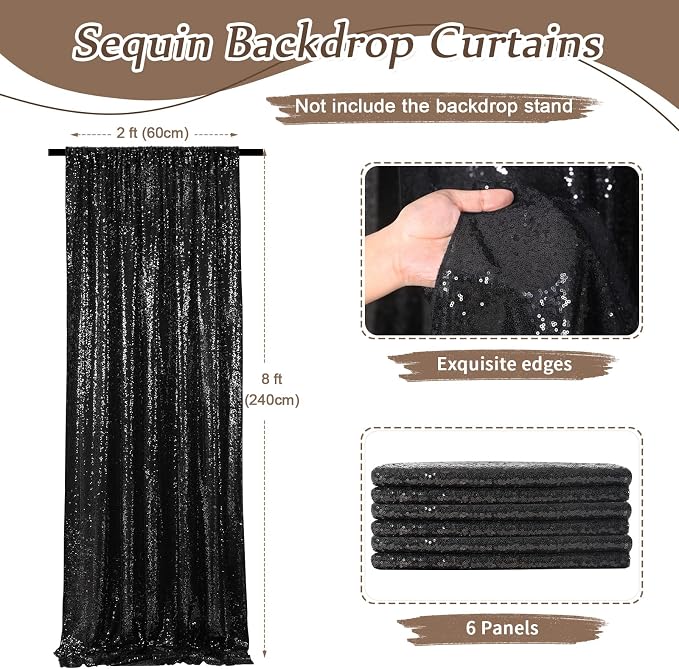 Black Sequin Backdrop Curtains 6 Pieces 2FTx8FT Shimmer Birthday Wedding - Image 2