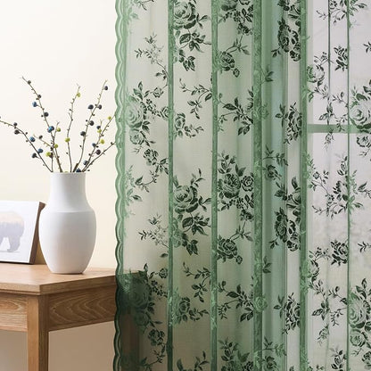 Leaf Green Lace Curtains 54 Inch Length 2 Panels Set Country Floral Sheer - Image 4
