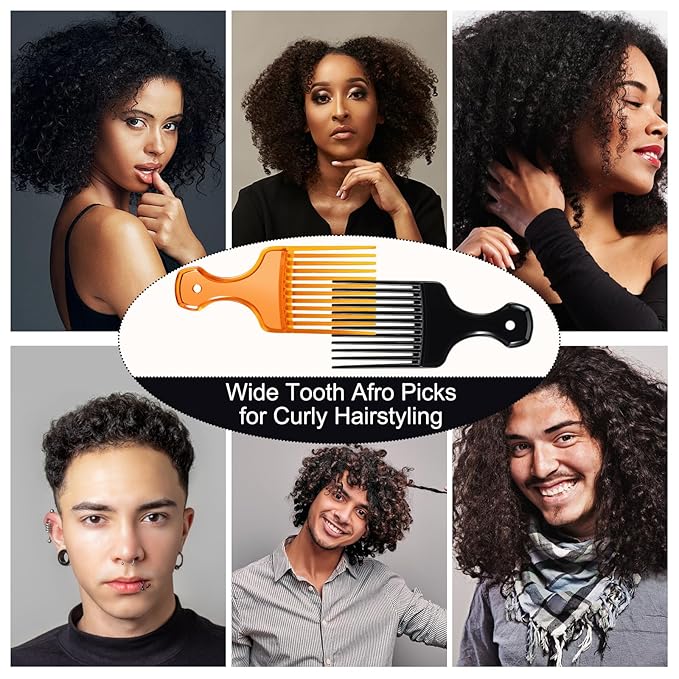 SIMPOR 2 Pcs Hair Pick Comb Wide Tooth Lift for Hair Styling Detangling Plastic Afro Pick for Women Men (Clear Orange, Black)
