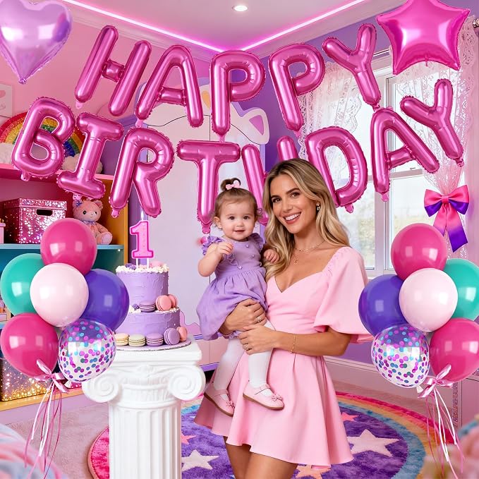 29PC Pink Purple Happy Birthday Balloon Banner, 16Inch 3D Aluminum Letter - Image 6
