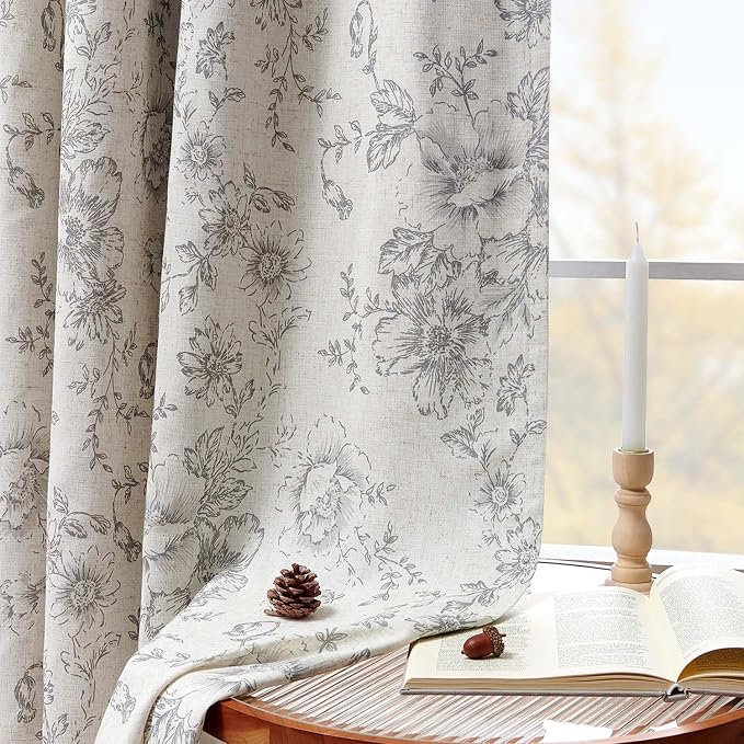jinchan Grey Floral Linen Blackout Curtains Lined 90 Inch Back Tab 2 Panels | - Image 3