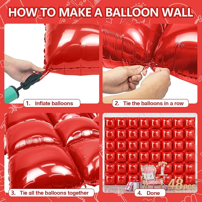 NISOCY 48PCS Metallic Red Square Foil Balloons Wall Backdrop | Double Sided Red - Image 4