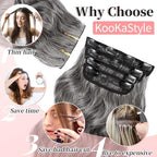 KooKaStyle Clip in Synthetic Hair Extensions Long Wavy 4PCS Thick Hairpieces Grey Sliver Mixed Fiber Double Weft Natural Hair Extensions 24 Inch for Women