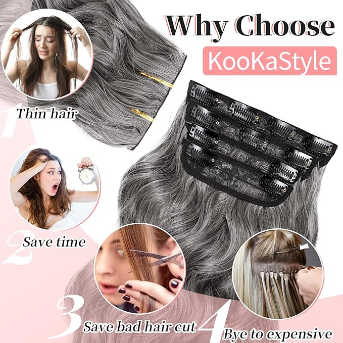 KooKaStyle Clip in Synthetic Hair Extensions Long Wavy 4PCS Thick Hairpieces Grey Sliver Mixed Fiber Double Weft Natural Hair Extensions 24 Inch for Women