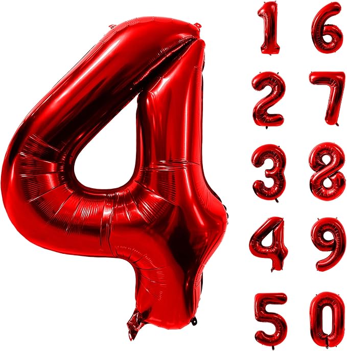 40 Inch Red Number 4 Balloon Large Red Foil Balloon Red 4 Balloons Mylar Helium by Yeodong
