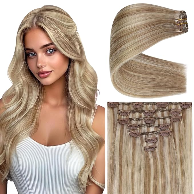 Ve Sunny Clip in Hair Extensions Real Human Hair Highlights Human Hair Clip in Extensions Dark Ash Blonde Highlights Light Blonde Real Hair Extensions Clip in Human Hair Comfortable 7pcs 20inch 120g
