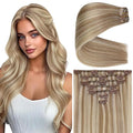 Ve Sunny Clip in Hair Extensions Real Human Hair Highlights Human Hair Clip in Extensions Dark Ash Blonde Highlights Light Blonde Real Hair Extensions Clip in Human Hair Comfortable 7pcs 20inch 120g