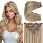 Ve Sunny Clip in Hair Extensions Real Human Hair Highlights Human Hair Clip in Extensions Dark Ash Blonde Highlights Light Blonde Real Hair Extensions Clip in Human Hair Comfortable 7pcs 20inch 120g