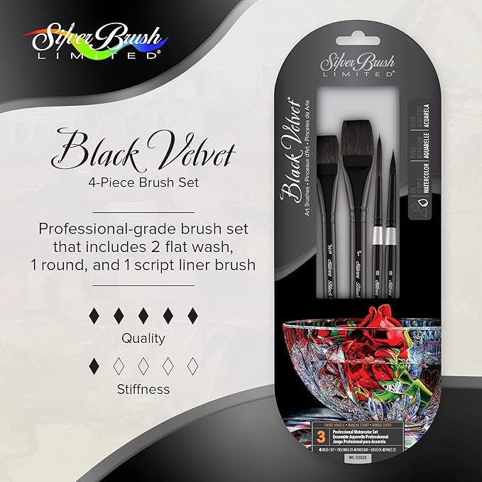 Silver Brush Limited WC-3202S Black Velvet Professional Watercolor Set, Set of 4, Size 8 Round, Size 8 Script Liner, Sizes 3/4 and 1 Inch Flat Wash Paintbrushes, Short Handle