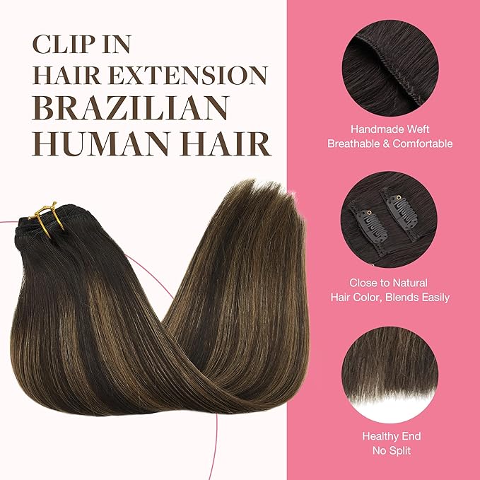 GOO GOO Clip in Hair Extensions Real Human Hair, Remy Human Hair Extensions Clip ins for Women, Natural Human Hair, 24inch 150g 9Pcs, #2/6/2 Balayage Dark Brown to Chestnut Brown