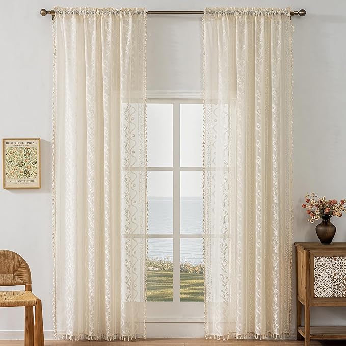 WAZZIO Boho Lace Curtains 2 Panels 102 Inches -Cute Vintage Victorian Sheer - Image 2