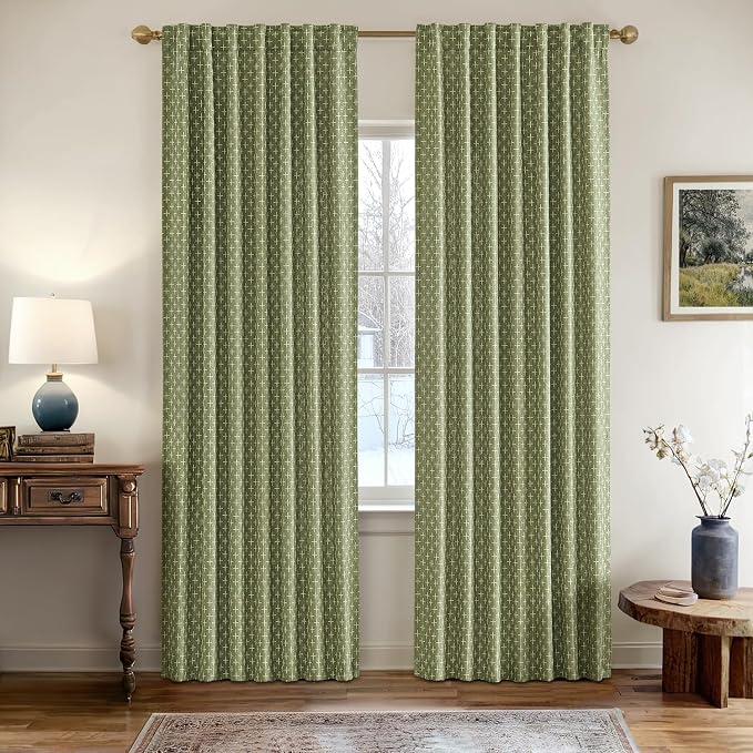 MIULEE Patterned Farmhouse Linen Curtains, Back Tab, Sage Green | Linen Curtains - Image 2