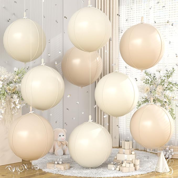 Cream Beige Round Foil Balloons 9 pcs, Metallic Giant 4D Round Balloons 22 Inch by Cledeco