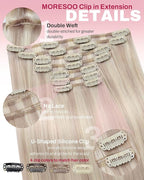 Moresoo Human Hair Clip in Extensions Blonde Highlights Real Hair Extensions Clip ins Thick to Add Volume for Women Ash Blonde with Bleach Blonde Double Weft 150g/7pcs 20 inch