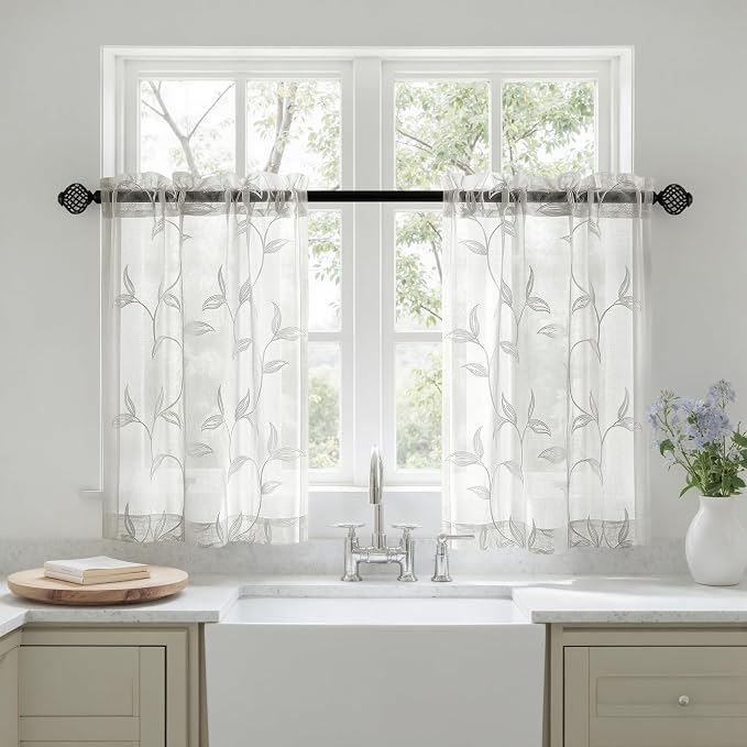 Sheer Kitchen Cafe Curtains Embroidered Leaf Pattern White 26x36 | Light by VISIONTEX