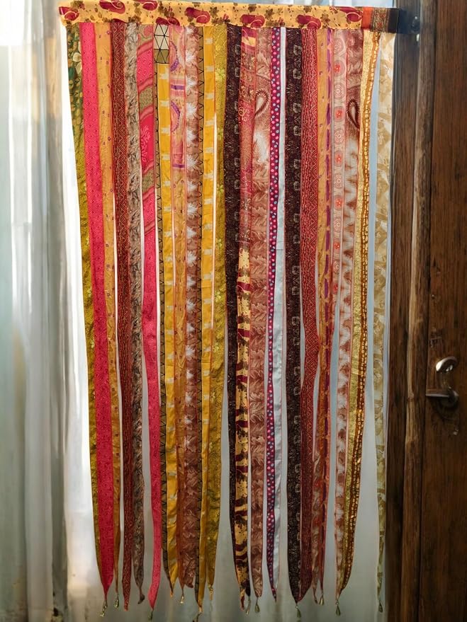 Mango Gifts Bohemian Door Curtain Made from Recycled Silk Sari Ribbon Orange - Image 2