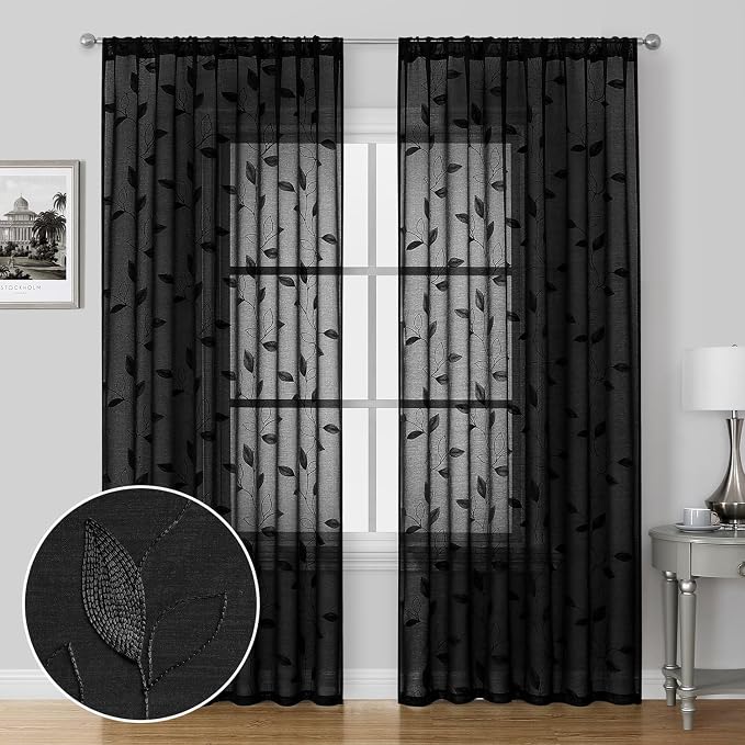 HOMEIDEAS Black Sheer Curtains 2 Panels, Embroidered Leaf Gothic, W52 x L96 | - Image 2